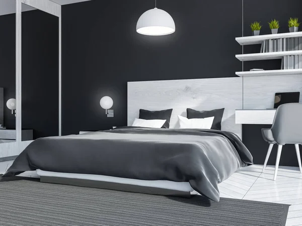 Esquina Elegante Dormitorio Con Paredes Negras Suelo Madera Cama Principal — Foto de Stock