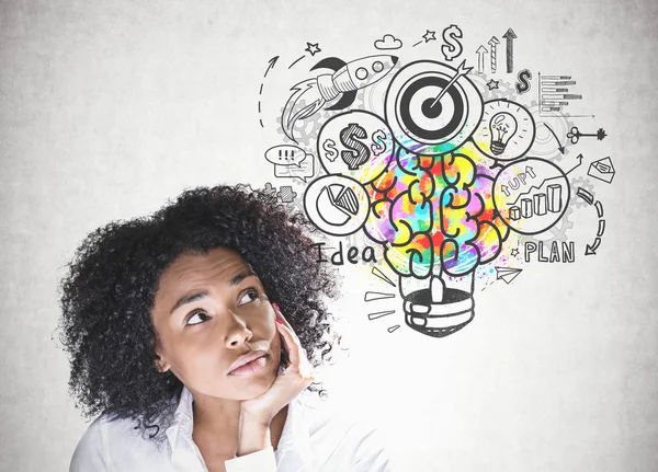 Portrait of thoughtful young african american woman with curly black hair looking up with her hand on the chin. Concrete wall background with business idea icons