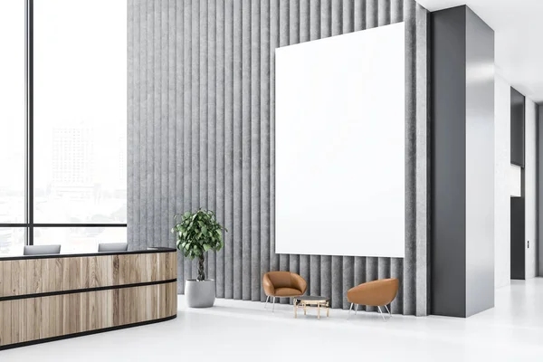 Office Reception Area Long Wooden Reception Table Gray Black Walls — Stock Photo, Image
