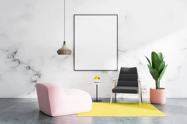 Interno Soggiorno Marmo Bianco Con Pavimento Cemento Poltrone Nere Rosa — Foto Stock