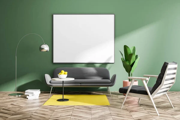 Green Living Room Interior Wooden Floor Gray Sofa Armchair Coffee — Stock Photo, Image