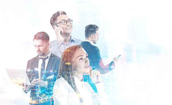 Diverse business team managers with gadgets over night cityscape background. International company concept. Toned image double exposure mock up