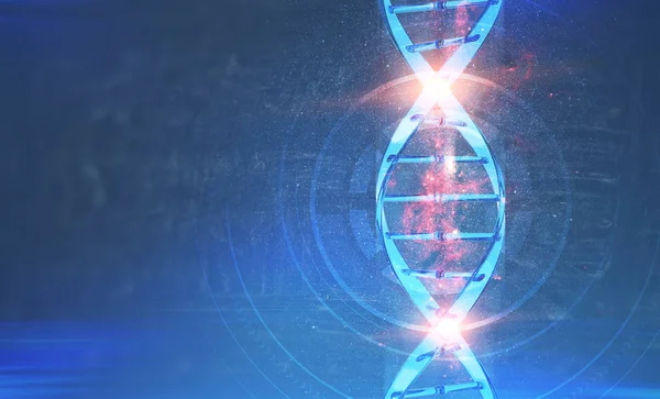 Glühend Blaue Dna Helix Mit Winzigen Partikeln Drumherum Auf Dunkelblauem — Stockfoto