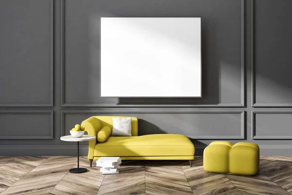 简约灰色起居室内有木地板 黄色沙发和扶手椅和一张茶几 渲染水平模拟海报框架 — 图库照片