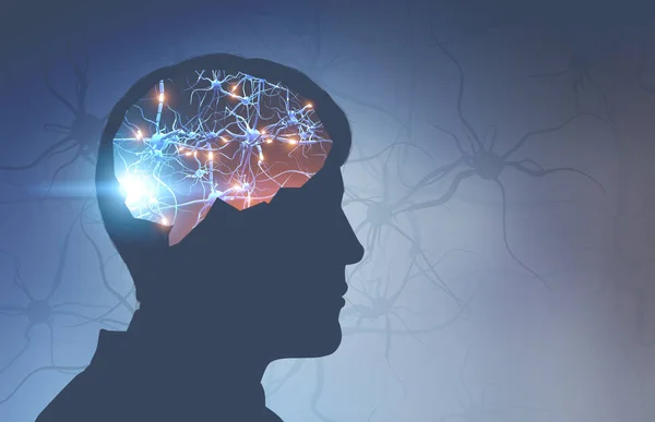 Sylwetka Człowieka Głowy Świecące Synaps Mózgu Jasno Niebieskim Tle Synapsy — Zdjęcie stockowe