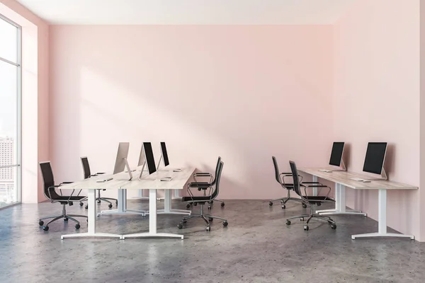 Interior Open Plan Office Pink Walls Concrete Floor Rows Wooden — Stock Photo, Image