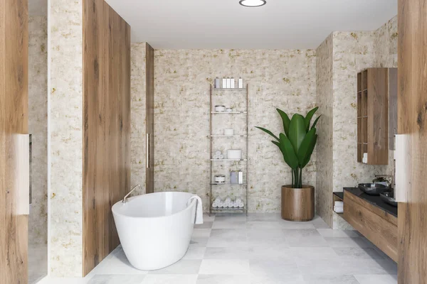 Interior Banheiro Luxo Com Paredes Madeira Piso Azulejo Branco Pia — Fotografia de Stock