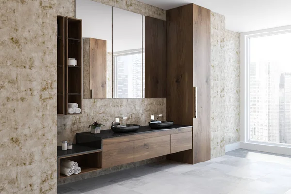 Corner of luxury loft bathroom with wooden walls, black double sink standing on wooden and black countertop, shelves with rolled towels and creams. 3d rendering