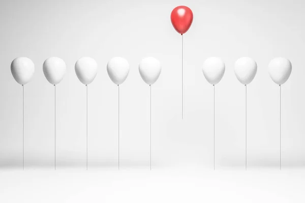 Fila Balões Brancos Com Balão Rosa Voando Acima Deles Conceito — Fotografia de Stock