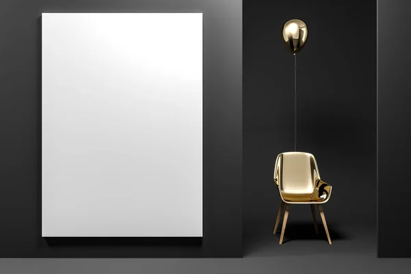 垂直ポスター モックアップでブラック ルームに立って上のバルーンとゴールドの椅子 アイデアと創造的な概念 レンダリング — ストック写真