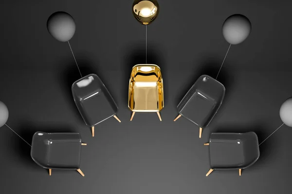 黑椅圈 中间有一把金色的椅子和气球 顶部视图 头脑风暴和集体治疗的概念 — 图库照片
