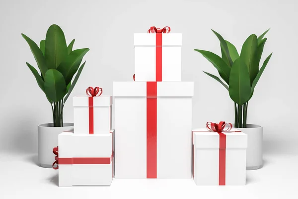 Empilement Cadeaux Blancs Différentes Tailles Avec Des Rubans Rouges Debout — Photo