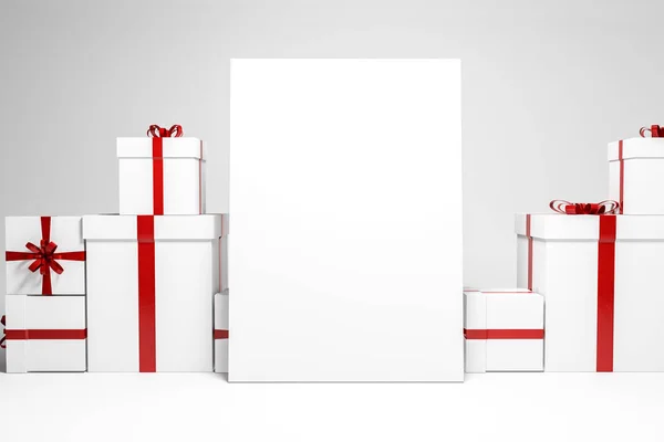 White Present Boxes Red Ribbons Standing White Room Vertical Mock — Stock Photo, Image