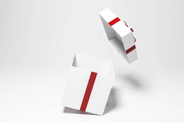 Buka Kotak Putih Sekarang Dengan Pita Merah Jatuh Lantai Ruangan — Stok Foto