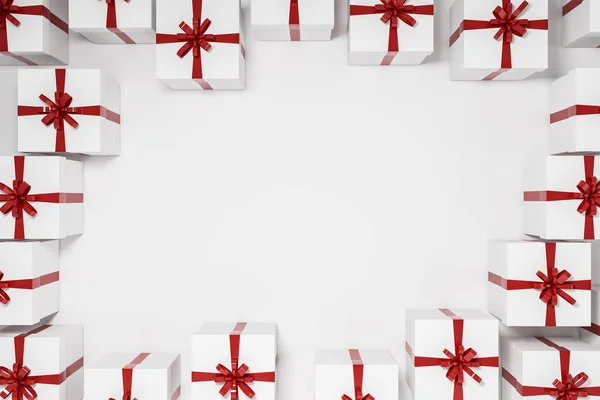 Top View White Room White Gift Boxes Red Ribbons Standing — Stock Photo, Image