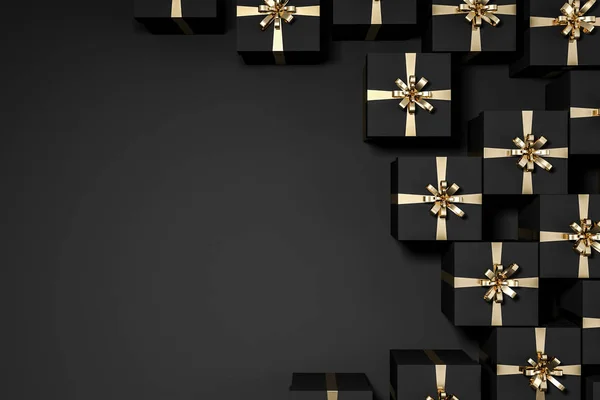 Вид Сверху Черную Комнату Черными Подарочными Коробками Золотыми Лентами Стоящими — стоковое фото