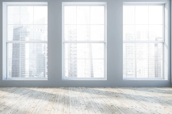 Interior Empty Room Gray Walls Wooden Floor Big Windows Modern — Stock Photo, Image