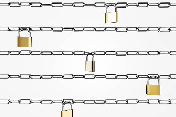 Horizontal rows of steel chains over white background with yellow padlocks hanging on them. Concept of security and identity theft. 3d rendering