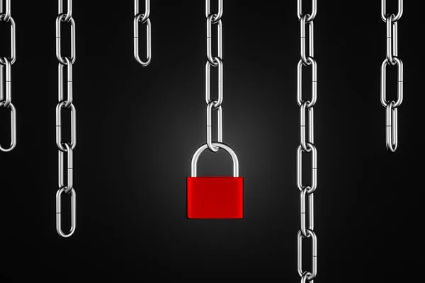 黒背景に中鎖長の異なる鋼チェーンに掛かっている赤と鋼の南京錠 セキュリティおよびアイデンティティの盗難の概念 レンダリング コピー スペース — ストック写真
