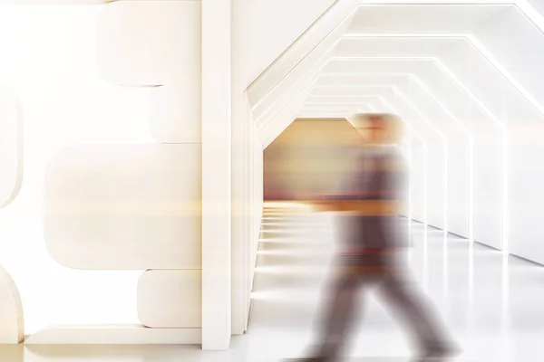Man Walking Futuristic White Room Lighted Ceiling Wall Geometric Pattern — Stock Photo, Image