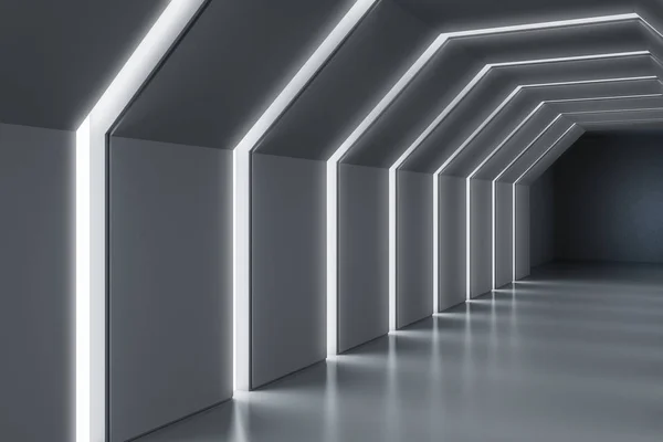 Side View Gray Hexagonal Tunnel Glowing Ceiling Futuristic Office Lobby — Stock Photo, Image