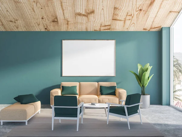 Interior of living room with green blue walls, concrete floor with beige couch and dark green armchairs and a neat coffee table. Horizontal mock up poster frame. 3d rendering