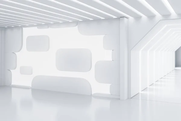 Futuristic Empty White Room Lighted Ceiling Wall Geometric Pattern Hexagonal Stock Picture