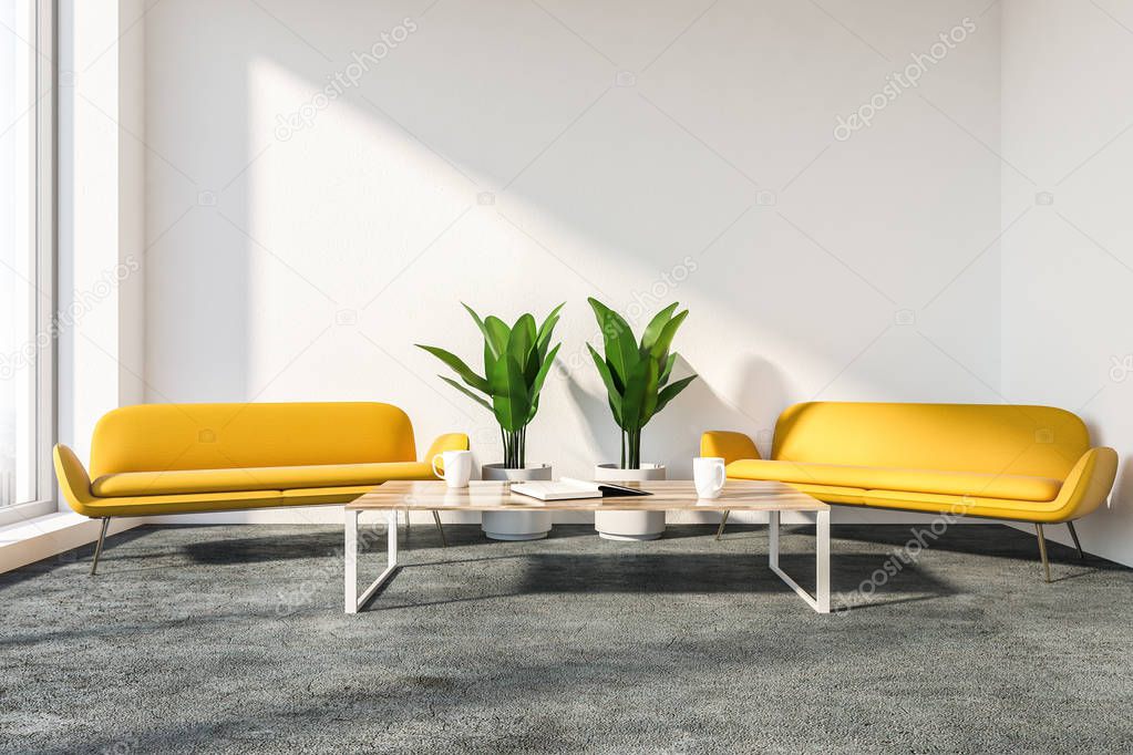 Stylish office lounge interior with white walls, gray floor, two comfortable yellow sofas and coffee table. 3d rendering mock up