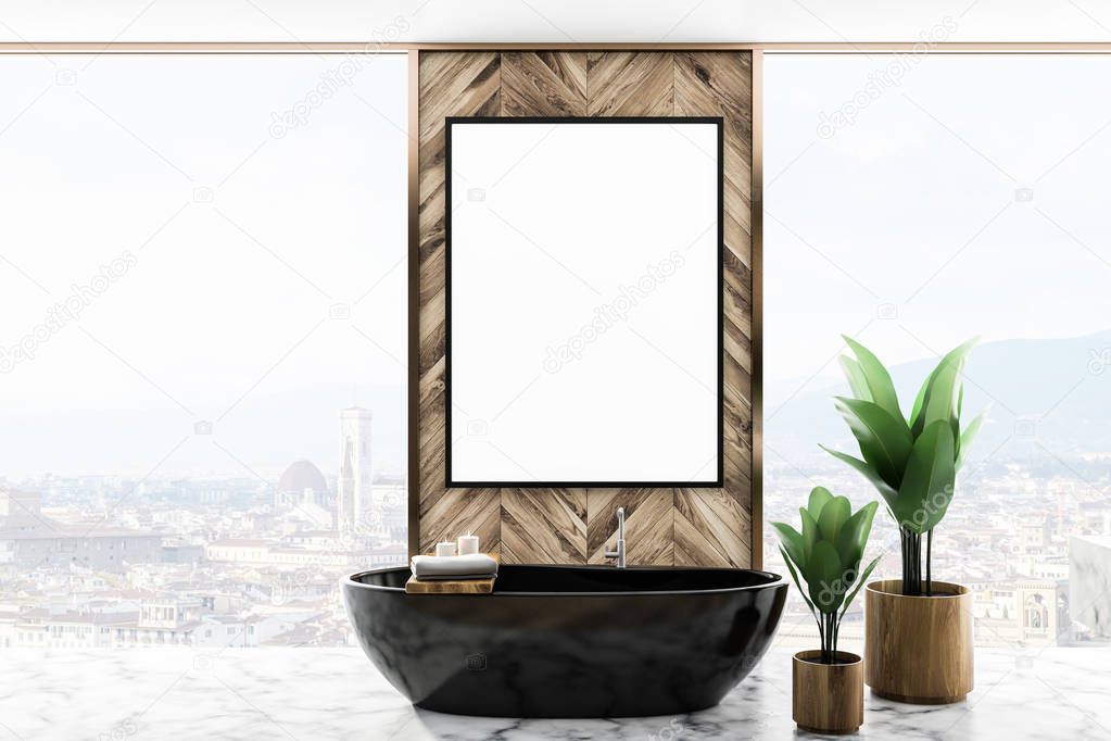 Interior of a modern bathroom with wooden walls, marble floor and a black bathtub. Mock up poster on the wall. 3d rendering