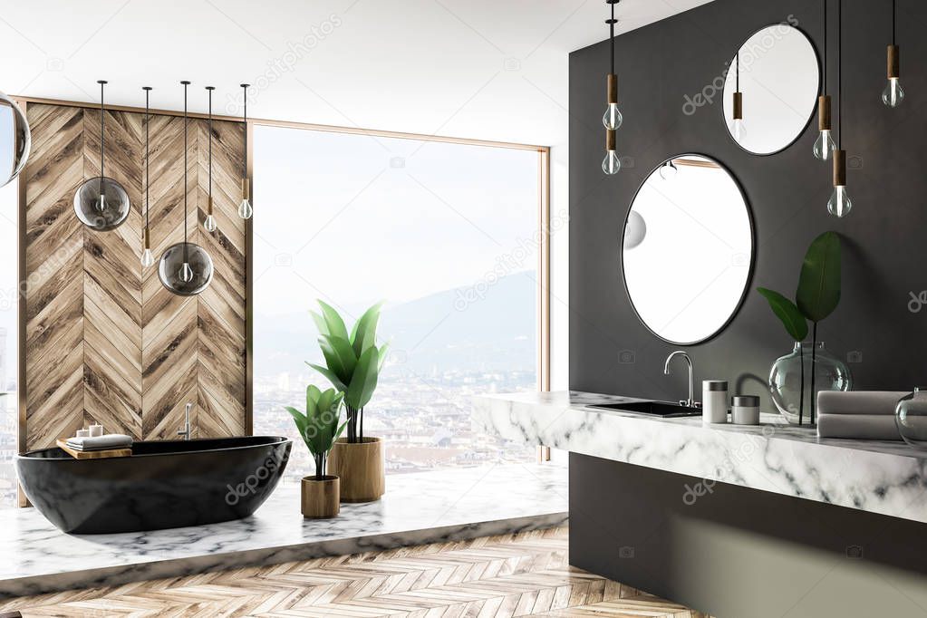 Interior of luxury bathroom with gray and wooden walls, wooden floor, panoramic window, black bathtub and sink with round mirrors hanging above it. 3d rendering copy space
