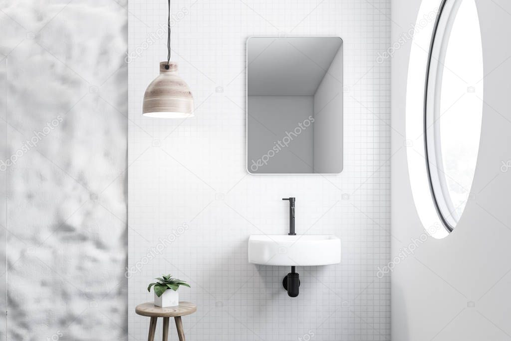 White tile and crude wall bathroom interior with white sink, vertical mirror and round window. Interior design concept. 3d rendering