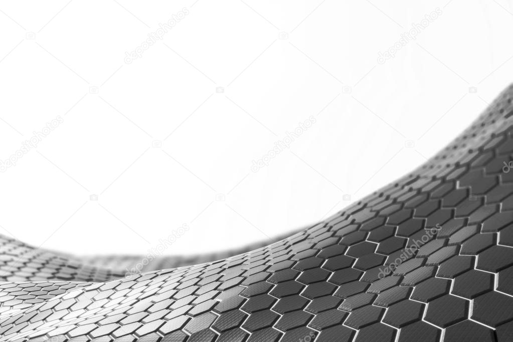 Wavy gray surface with honeycomb pattern. Small hexagons over white background. Abstract. Advertisement and product placement concept. 3d rendering mock up