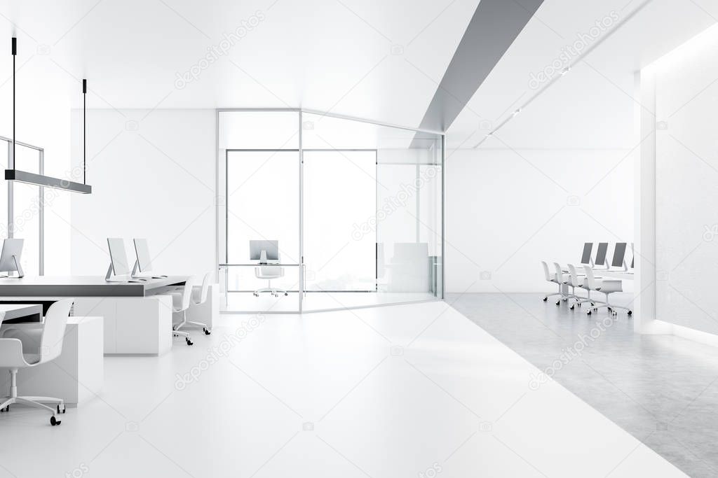Interior of modern international company with white and glass walls, white and concrete floor and white computer tables with chairs. 3d rendering copy space
