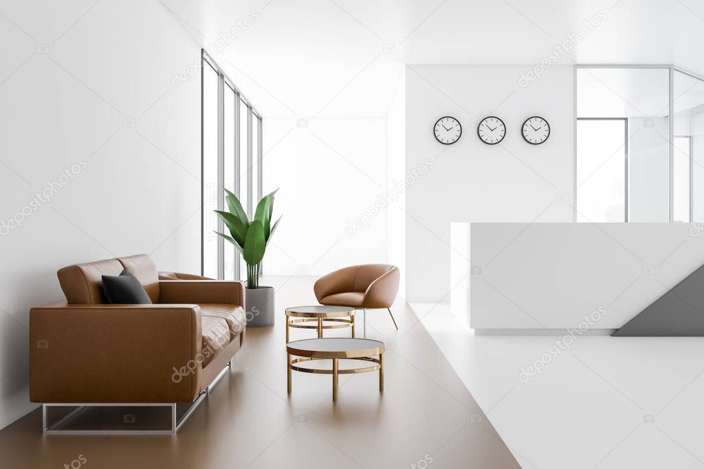 White and gray reception table with three clocks above it standing in white and glass panoramic office of marketing company. Brown leather sofa and armchairs in waiting room. 3d rendering copy space