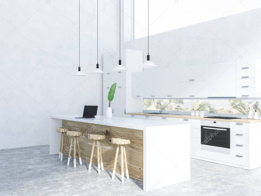 Kitchen interior with white walls, concrete floor, white countertops with built in appliances and table with wooden chairs. 3d rendering copy space