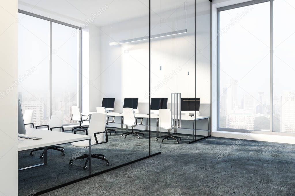 Lobby of a modern office with white walls, glass doors and white computer tables on gray floor. Mock up 3d rendering