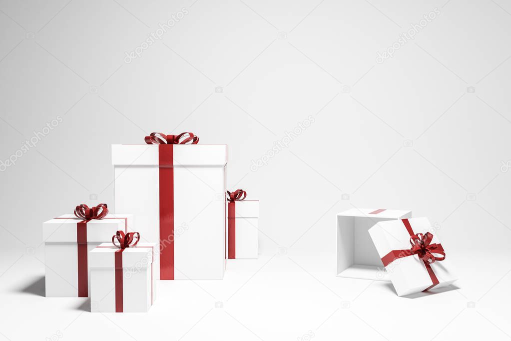White present boxes of different sizes with red ribbons standing in an empty white room. Concept of gifts and celebration. 3d rendering mock up