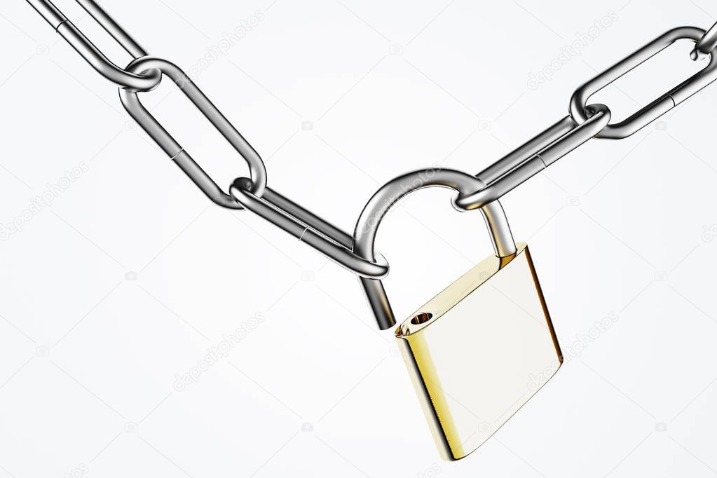 Yellow and steel open padlock hanging on two steel chains over white background. Concept of security and identity theft. 3d rendering copy space