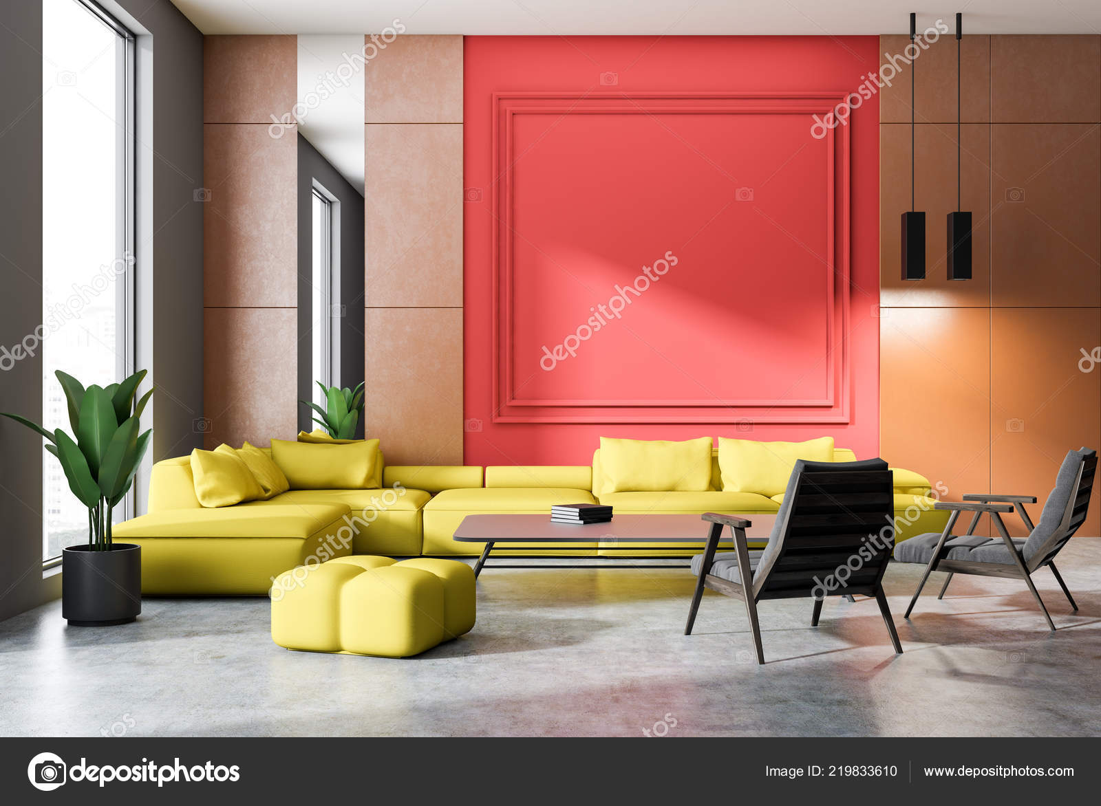 Orange Und Rote Wand Wohnzimmer Interieur Mit Betonboden Gelben Sofa ... Orange Und Rote Wand Wohnzimmer Interieur Mit Betonboden Gelben Sofa ...