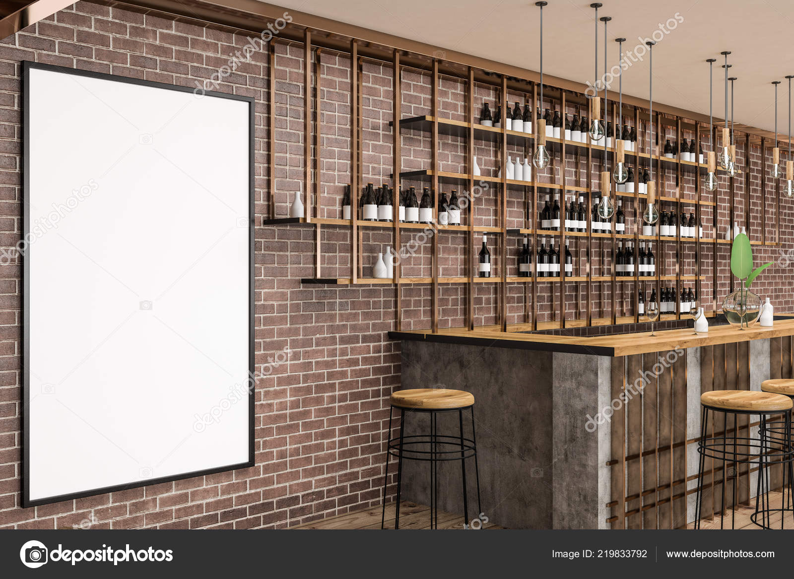 Interior Stylish Bar Brick Walls Wooden Table Stools Bottles