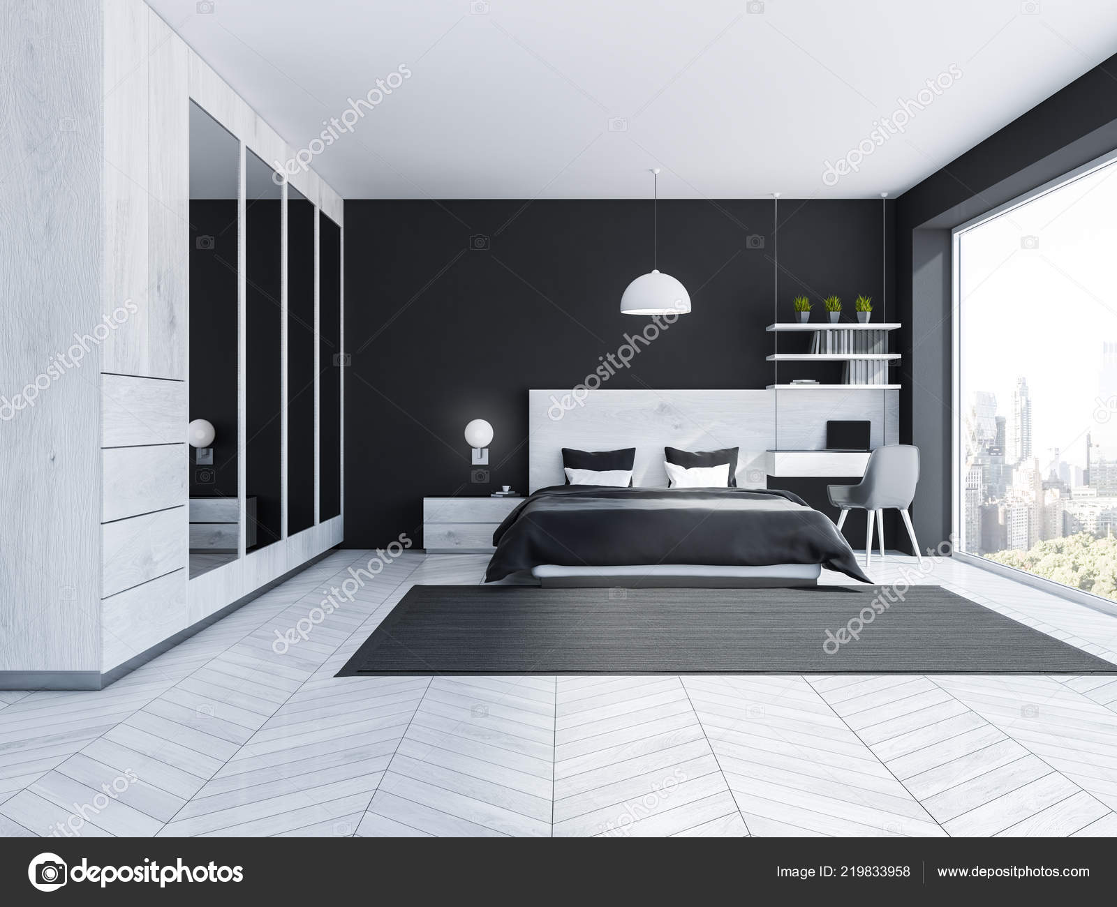 Interior Stylish Bedroom Black Walls Wooden Floor Gray