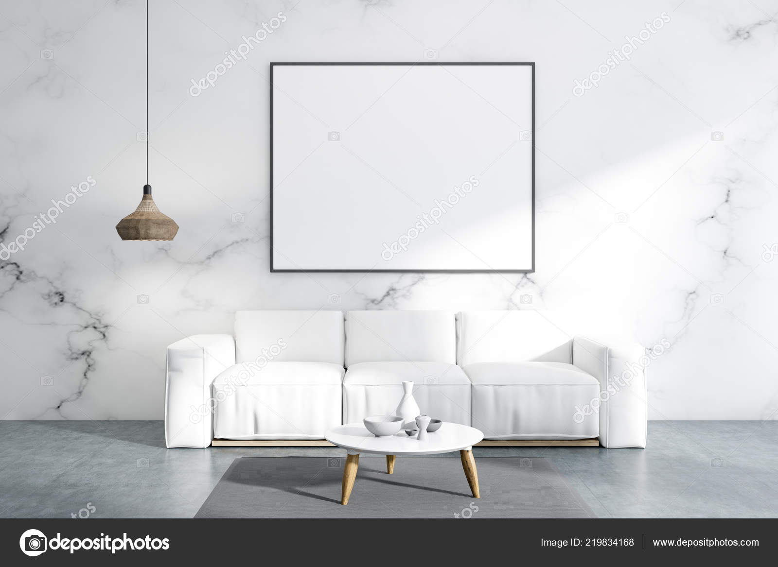 Minimalistic White Marble Living Room Interior Concrete Floor