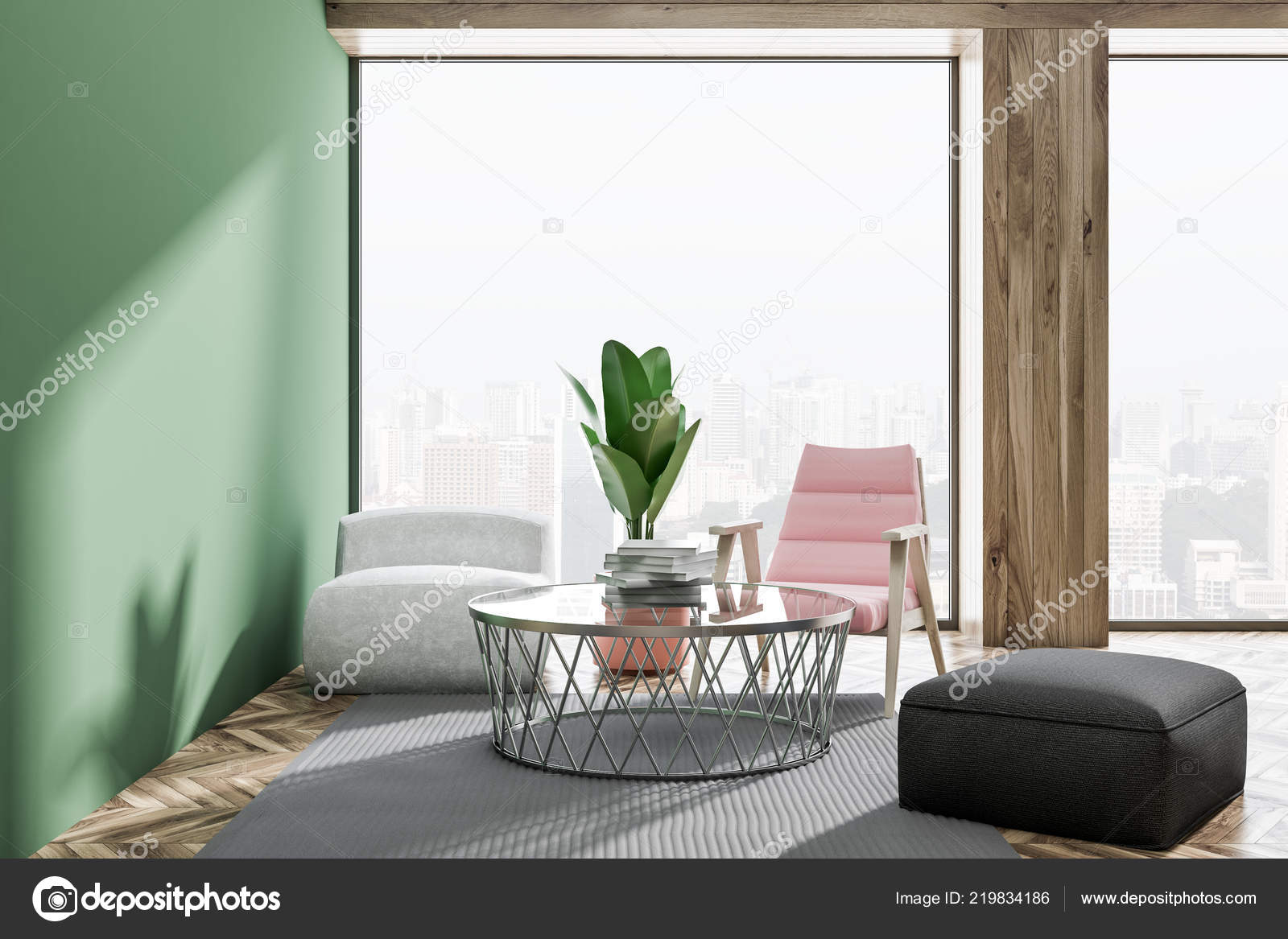 木製の床 ピンク グレーのアームチェア それの上で掛かっていてポスター フレームを垂直のモックと円形のコーヒー テーブルと緑ロフト リビング ルーム インテリア レンダリング ストック写真 C Denisismagilov