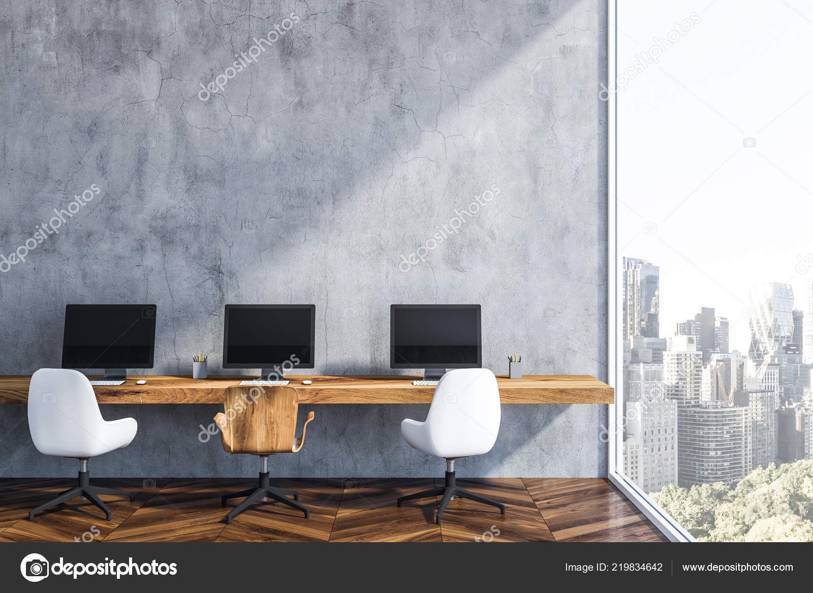 Gray Wall Startup Office Interior Wooden Floor Long Wooden