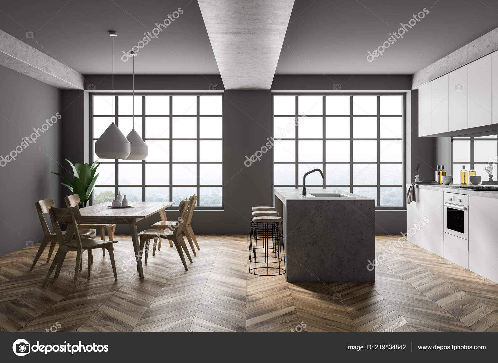 Intérieur Cuisine Moderne Avec Des Murs Gris Plancher Bois