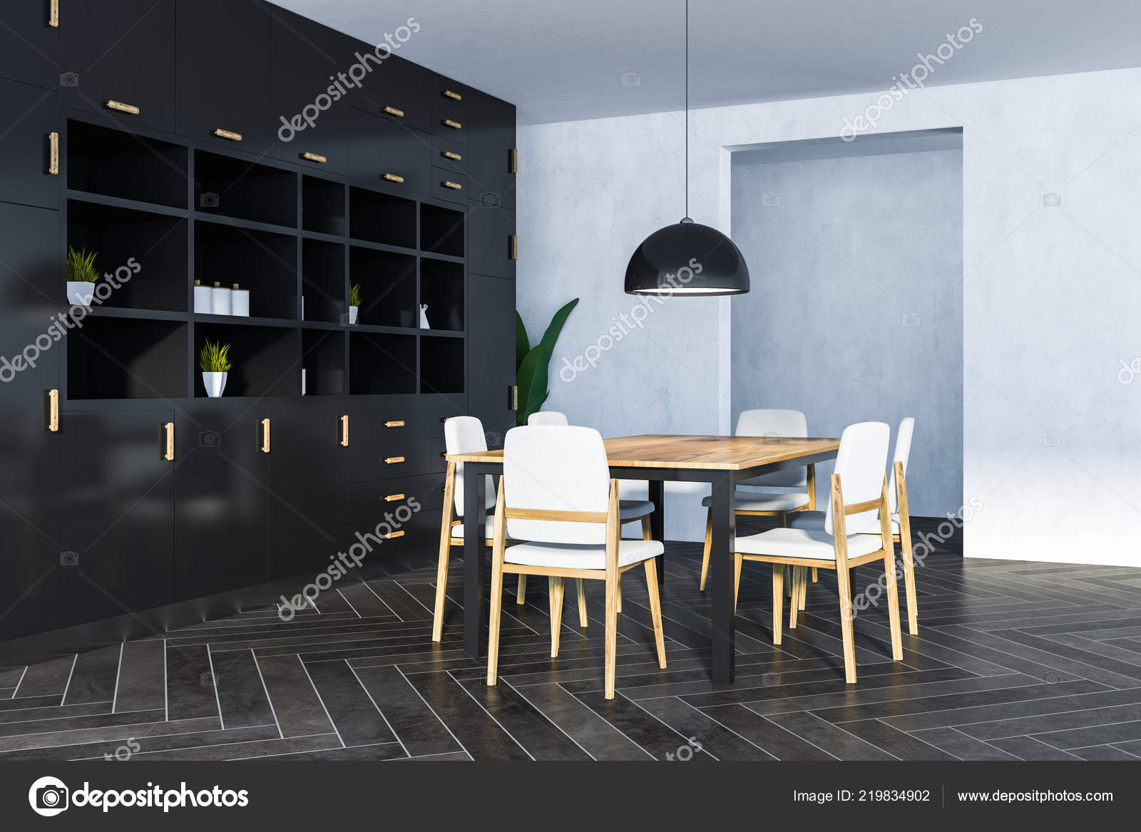 corner of dining room with white walls wooden floor long table with  chairs and black cupboard 3d rendering 219834902