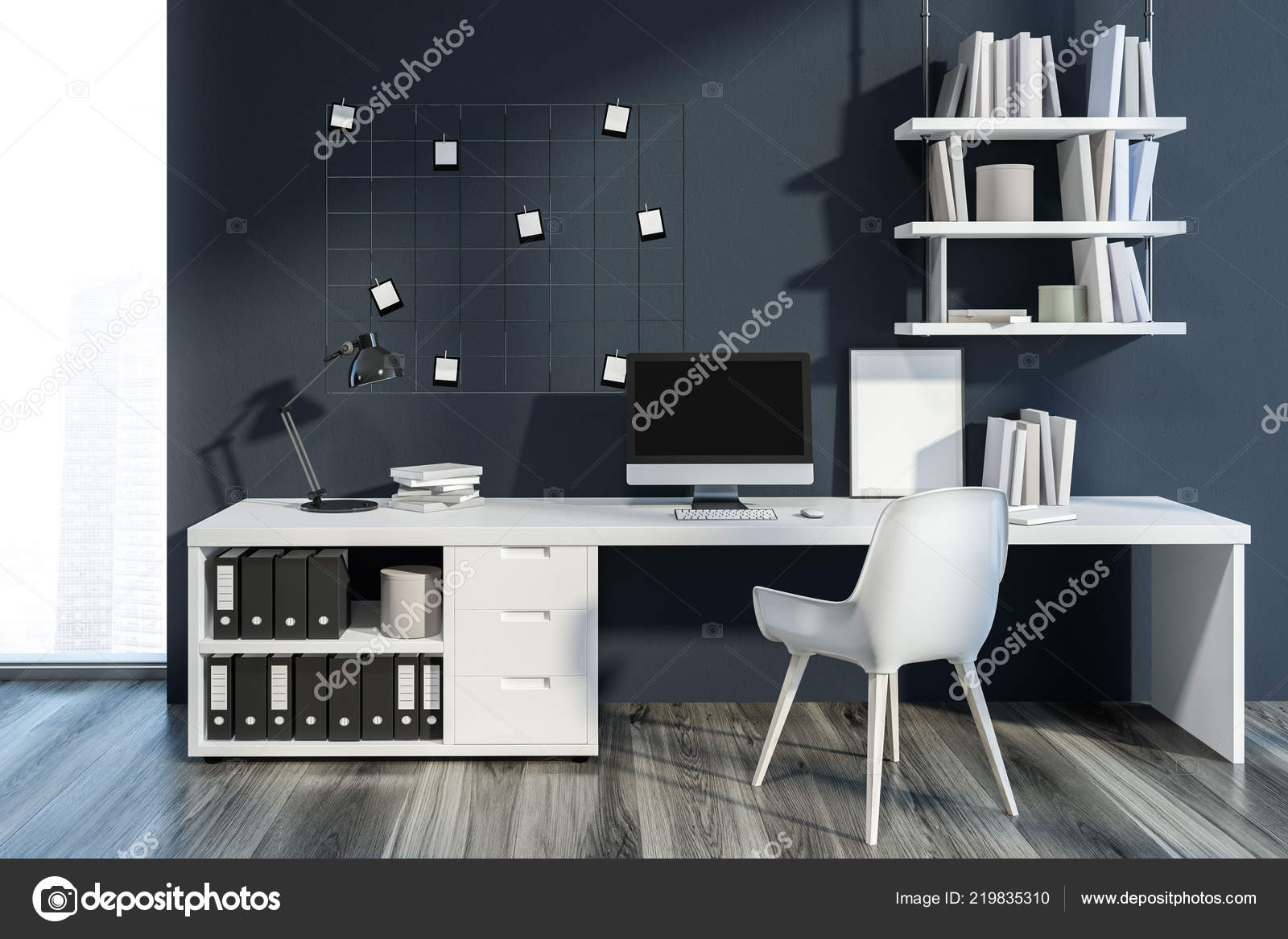 Interior Cozy Home Office Dark Gray Walls Wooden Floor Neat