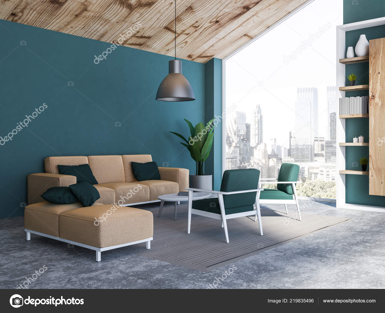 Interior Attic Living Room Green Walls Wooden Ceiling White
