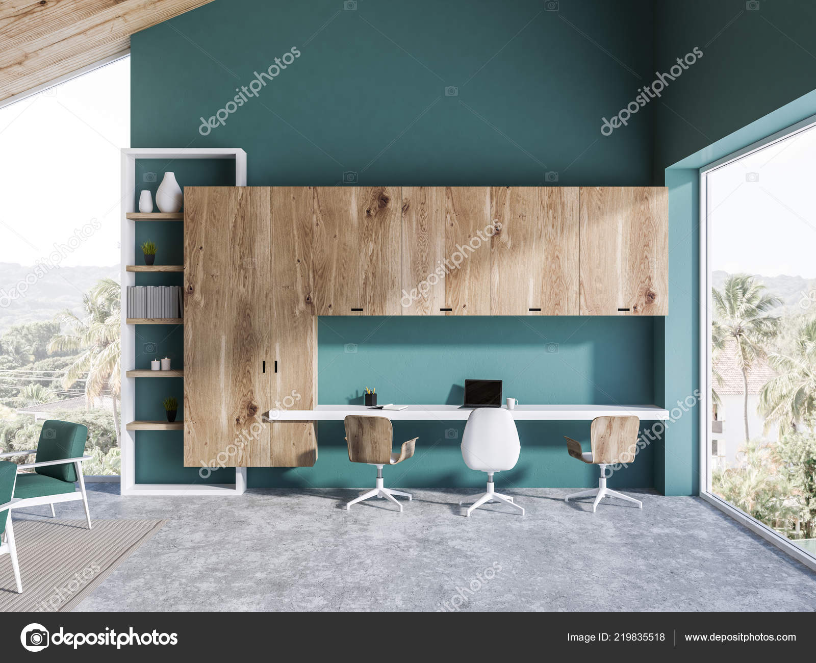 Home Office Interior Blue Green Walls Concrete Floor White