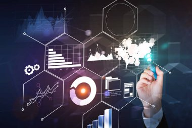 Mor infographics arabirimini kullanarak marker ile işadamı el. Tonlu görüntü çift pozlama. Nasa tarafından döşenmiş bu görüntü unsurları